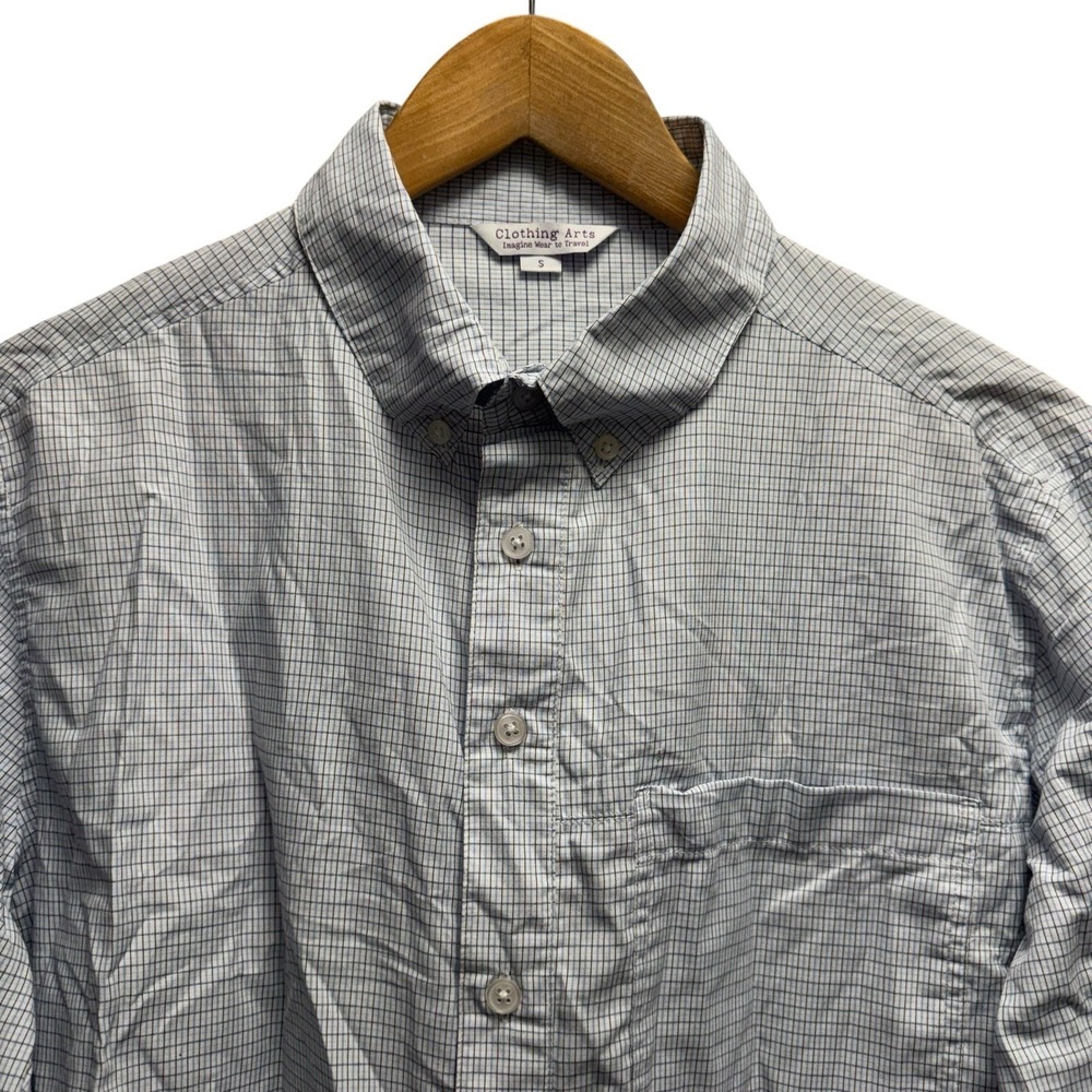 Clothing Arts Mens Small White/Blue Plaid P Cubed Pick Pocket Proof Travel Shirt